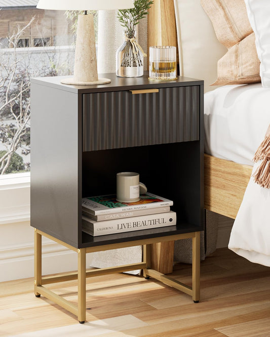Masupu Fluted Nightstand,Modern Night Stand Wood Bedside Table with Storage Drawer Side End Table for Bedroom,Living Room,Office,Black