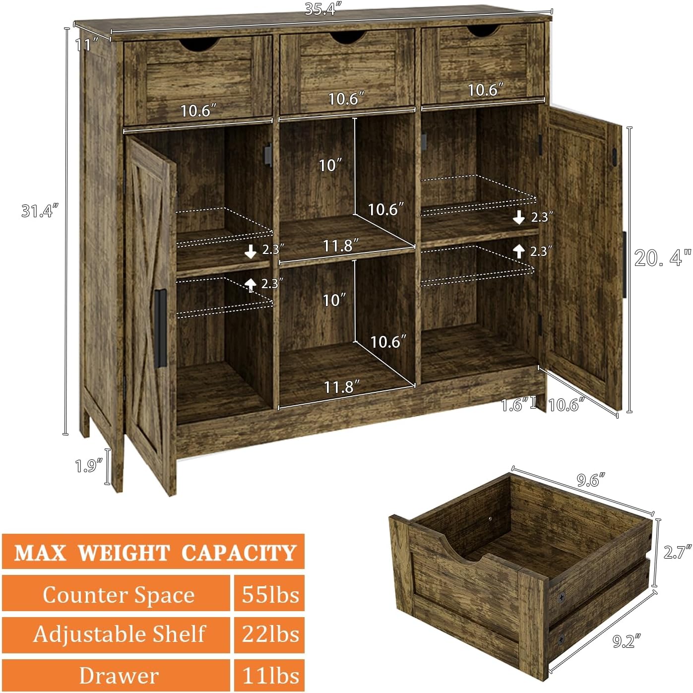 Storage Cabinet, Coffee Bar Cabinet with 2 Adjustable Shelves, 3 Drawers, and 2 Doors, for Bathroom, Kitchen, Living Room (Retro)