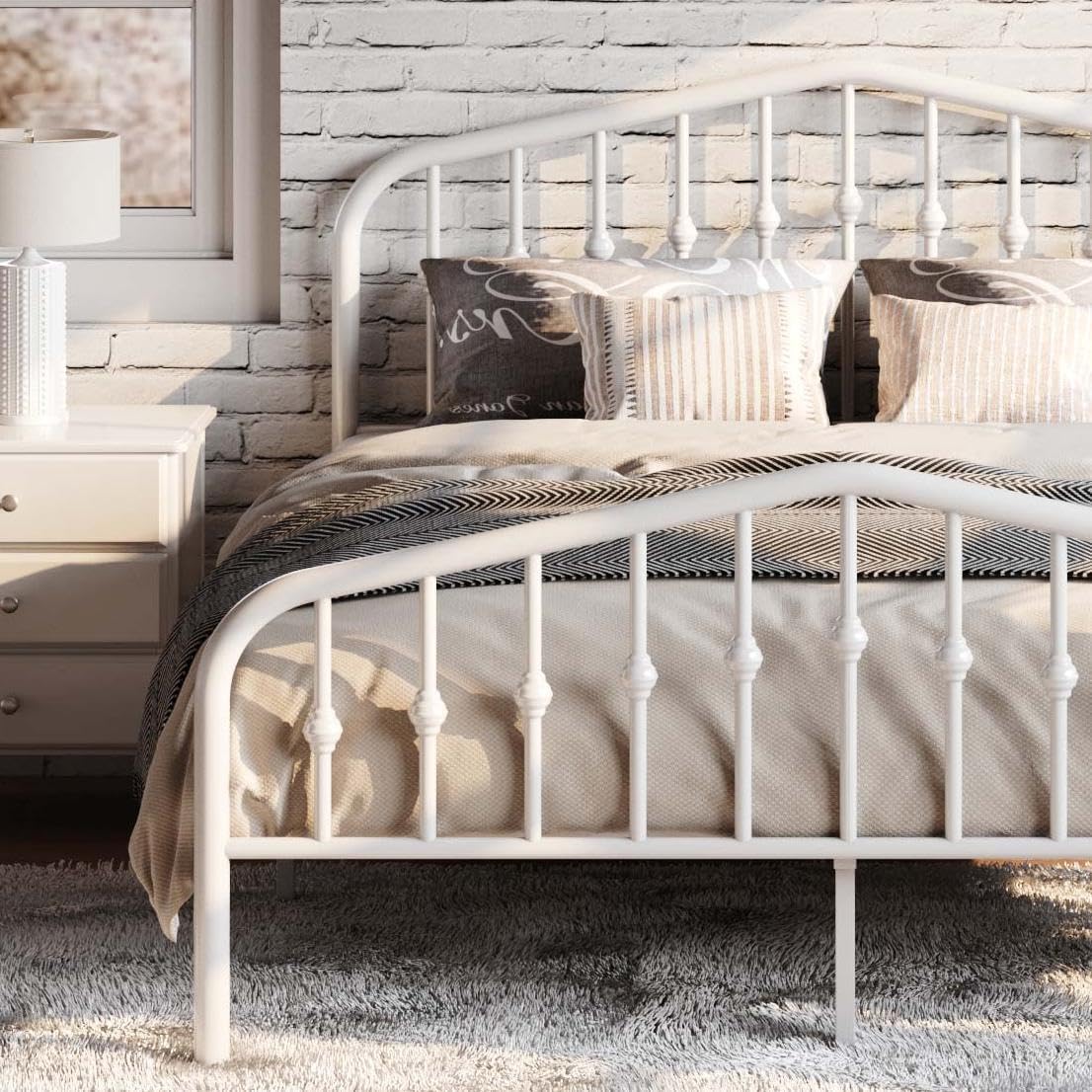 SHA CERLIN Full Size Metal Platform Bed Frame with Victorian Style Wrought Iron-Art Headboard/Footboard, No Box Spring Required, White