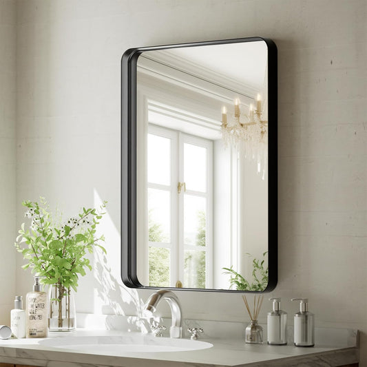 Bathroom Mirror 20x30 inch, Black Gorgeous Deep Frame Wall Mirror, Modern Round Corner Bathroom Vanity Mirror for Bedroom, Living Room, Hanging or Leaning Horizontal or Vertical, Black