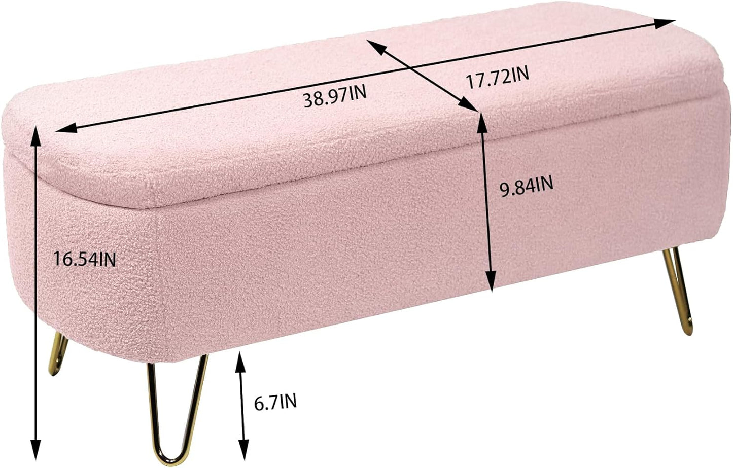 Storage Ottoman for End of Bed with Gold Metal Legs,Modern Faux Fur Entryway Bench Upholstered Padded,for Living Room Bedroom Pink