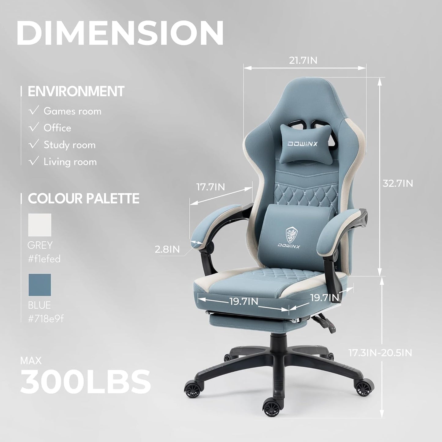 Dowinx Gaming Chair Breathable Fabric Game Chair with Gel Pad and Storage Bag, Comfortable Gamer Chair with Pocket Spring Cushion, Ergonomic Computer Chair with Footrest, Blue