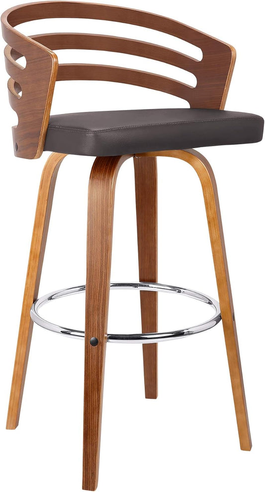 Armen Living Jayden Mid Century Modern Swivel Bar Stool for Kitchen Island Counter in Brown Faux Leather and Walnut Wood, 26" Seat Height