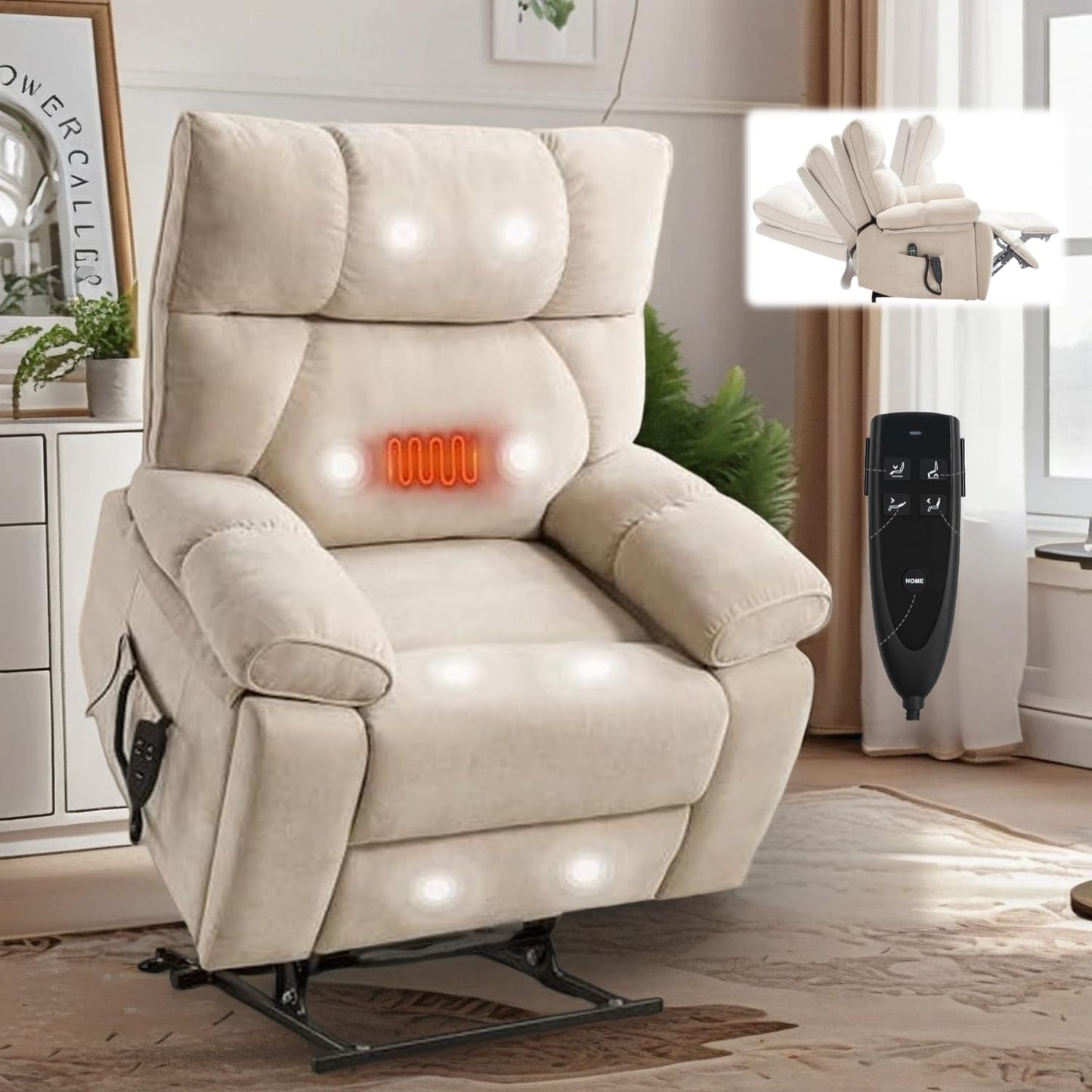 Dual Motor Power Lift Recliner Chair, 8 Positions Vibration Massage Recliner Chair, Chenille Fabric Recliner with Cup Holder, Vibration Massage and Lumbar Heating for Adults and Elderly, Beige