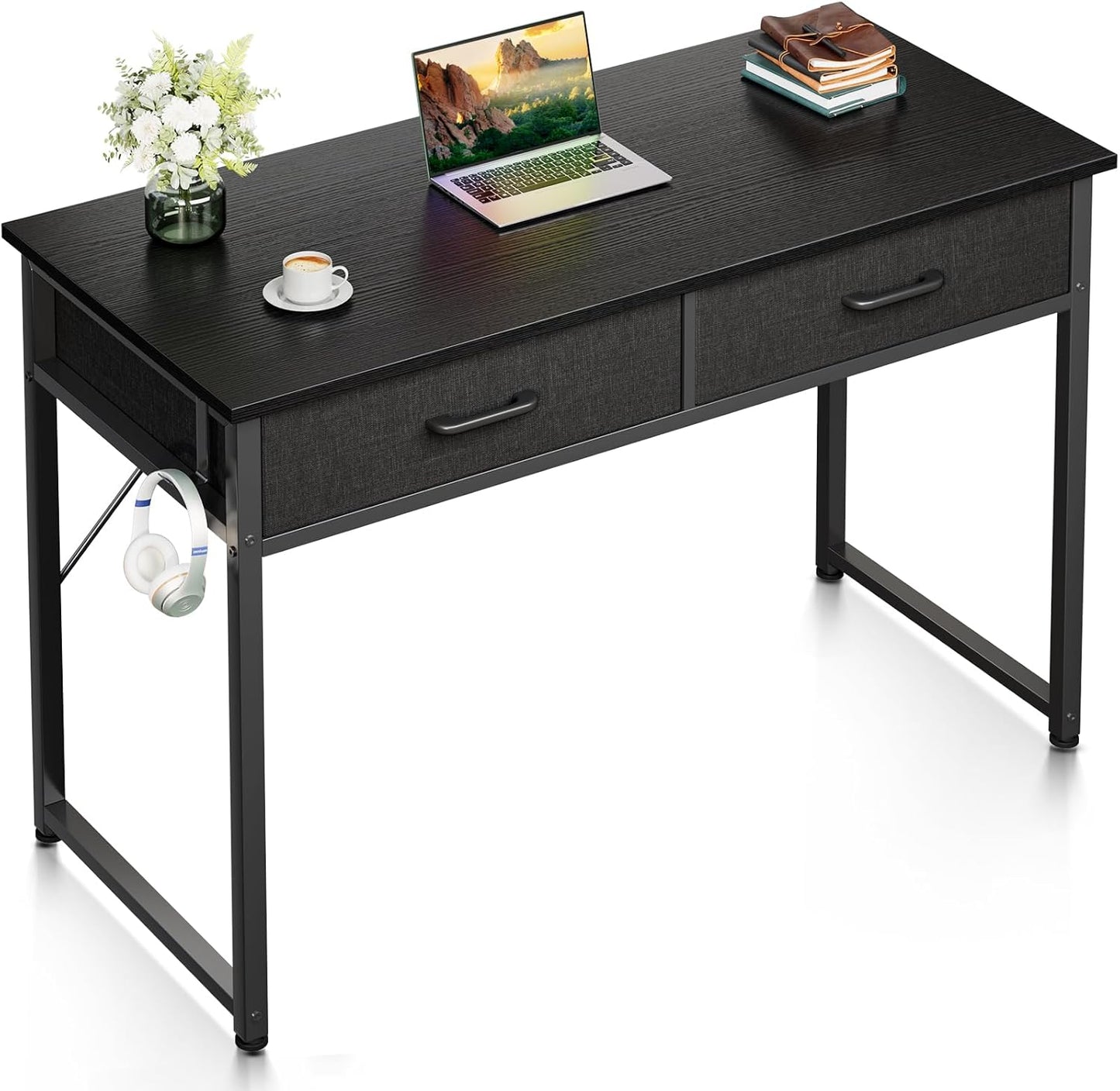 Casaottima 40 Inch Small Office Computer Desk with 2 Drawers & Headphone Hook - Compact Writing Desk for Home Office, Study or Work, Modern Space-Saving Design for Small Spaces, Black