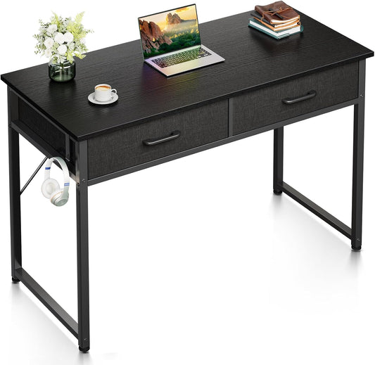 Casaottima 40 Inch Small Office Computer Desk with 2 Drawers & Headphone Hook - Compact Writing Desk for Home Office, Study or Work, Modern Space-Saving Design for Small Spaces, Black
