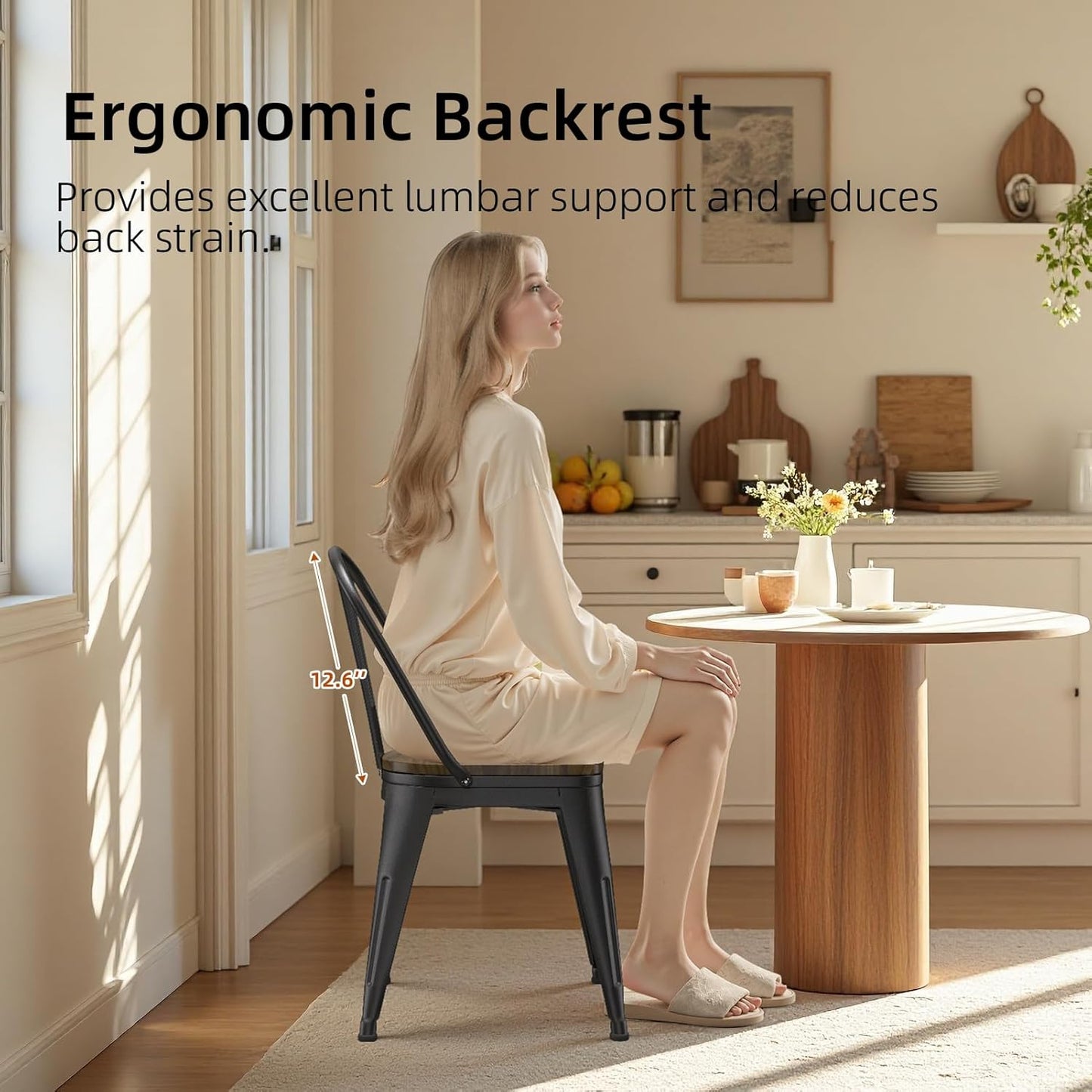 18 Inch Dining Chairs Set of 4, Farmhouse Metal Chairs with High Back and Wooden Seat, Stackable Industrial Bar stools for Dining Room(Black)