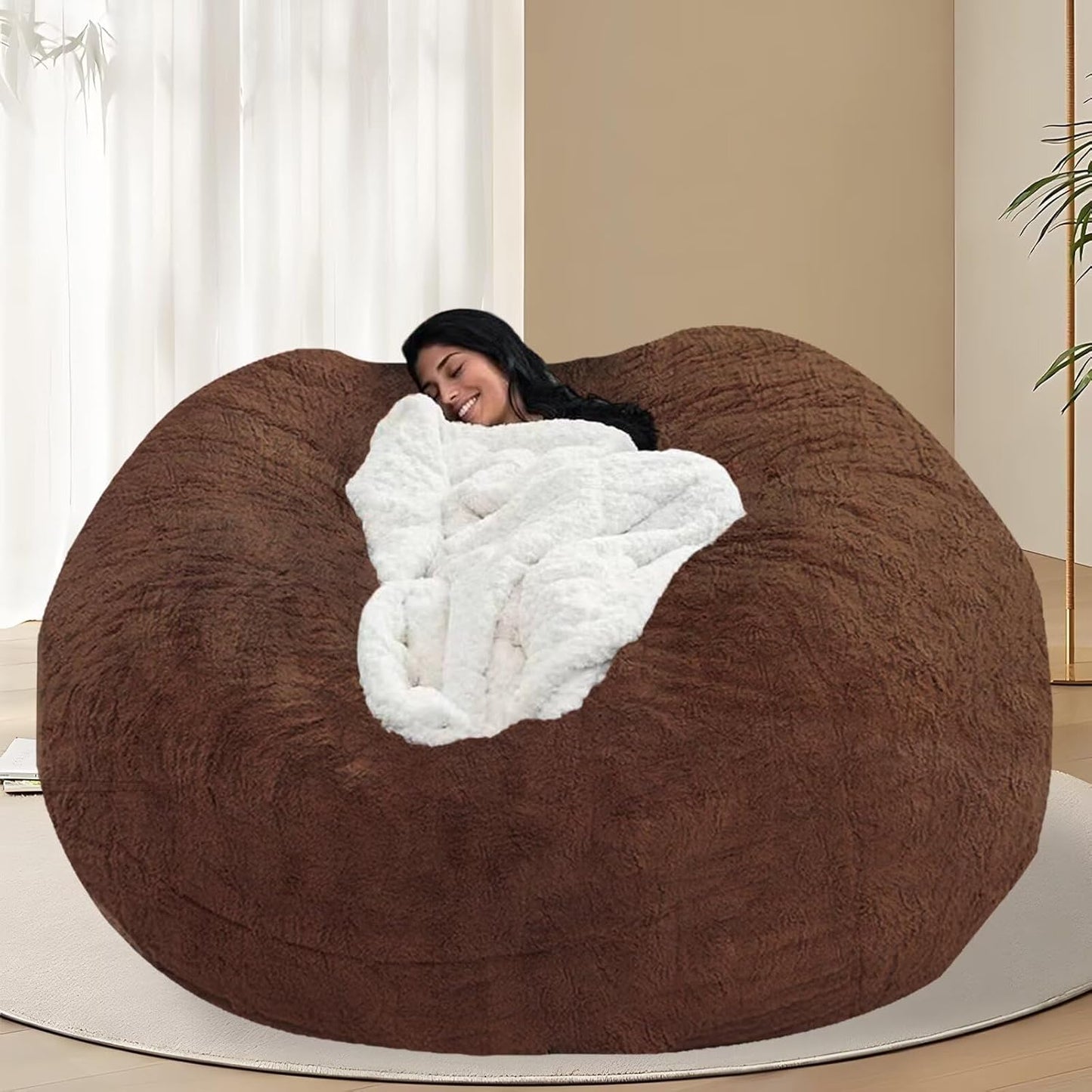 BCU Oversized Bean Bag Cover Comfy Beanbag Chair for Adults Without Filler Faux Fur Lazy Sofa Cover for Living Room Chairs, Brown, 5FT