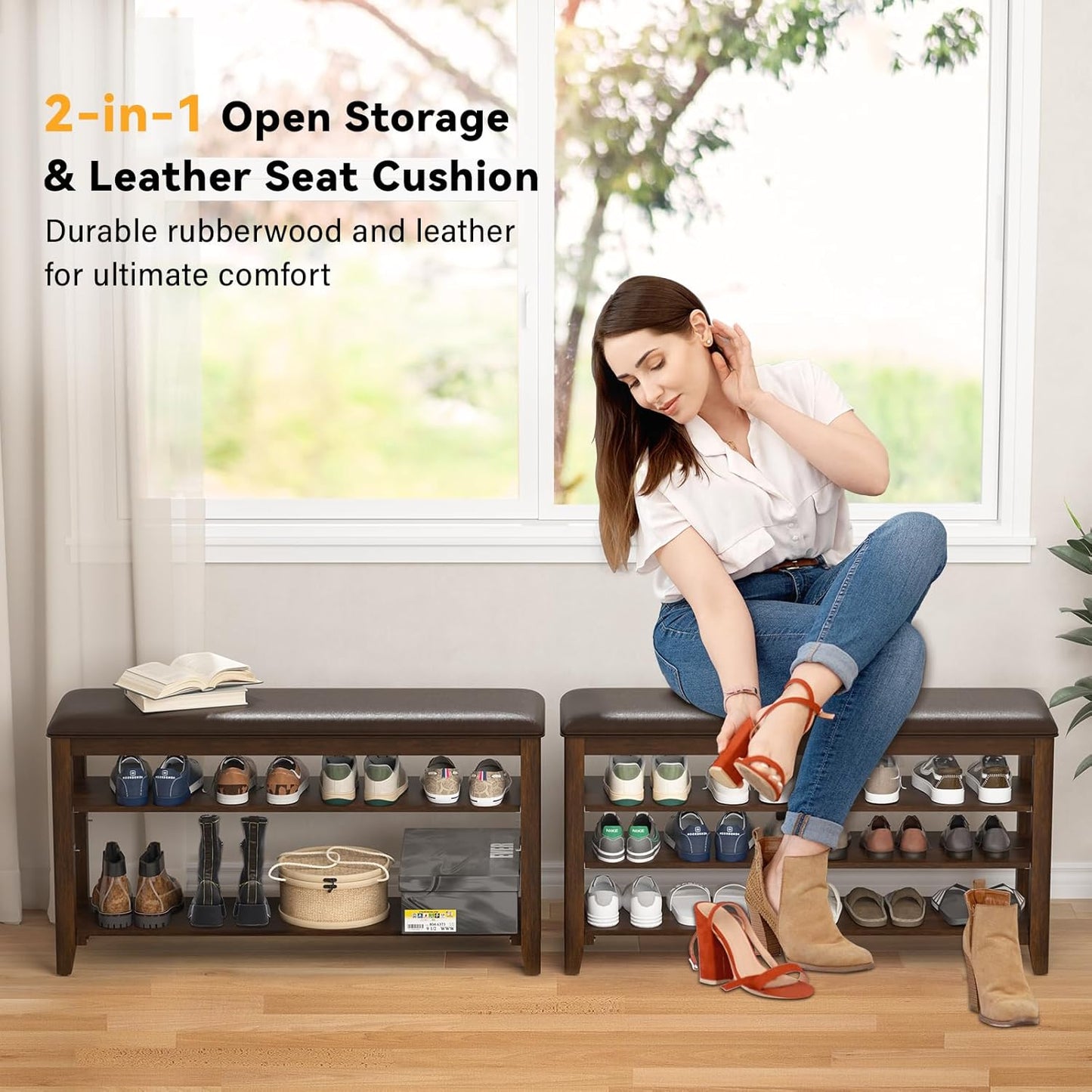 Shoe Bench Storage Rubberwood with Leather Cushion for Entryway Bench Ideal for Hallways Shoe Rack Front Doors Entrances Mudrooms Featuring 3 Height-Adjustable and Removable Shelves