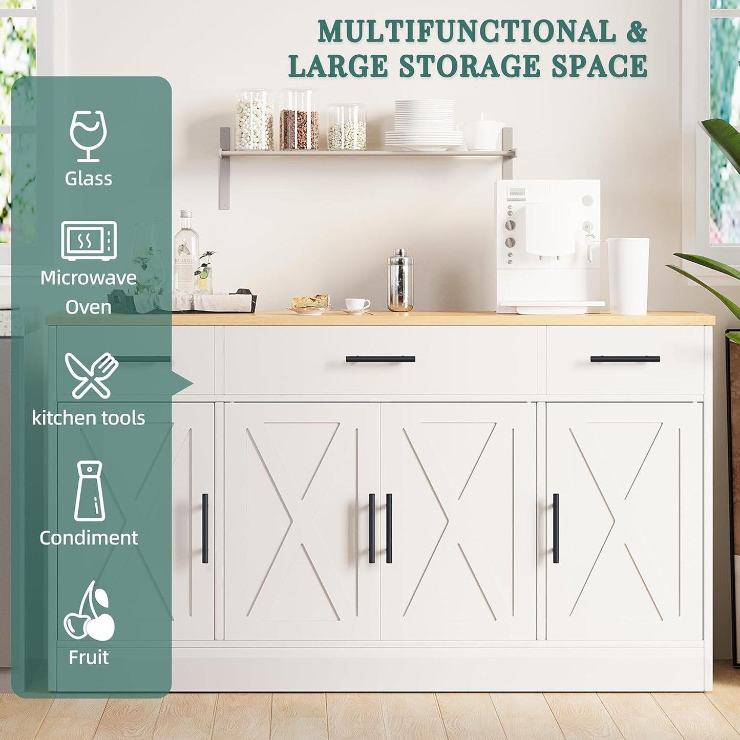 Shintenchi Sideboard Buffet Cabinet with Storage,53.4" Large Kitchen Buffet Storage Cabinet with 3 Drawers and 4 Doors,Wood Farmhouse Sideboard with Adjustable Shelf for Kitchen, Living Room,White