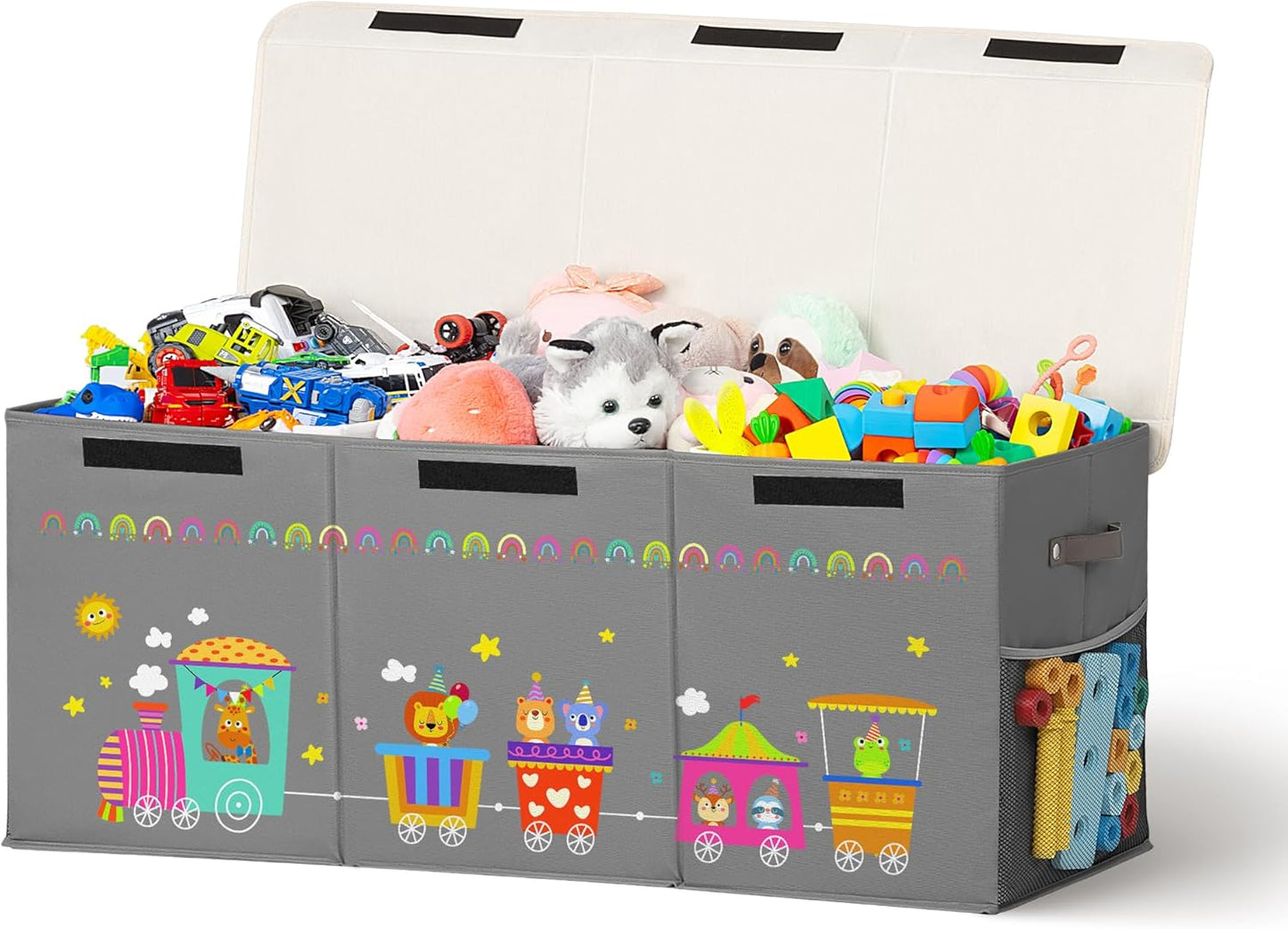 120L Large Toy Storage Box with Lid, Extra Large Toy Box Chest, Large Toy Box for Kids, Girls and Boys, Nursery Room and Living Room, 40"x13" x16"(grey-train)