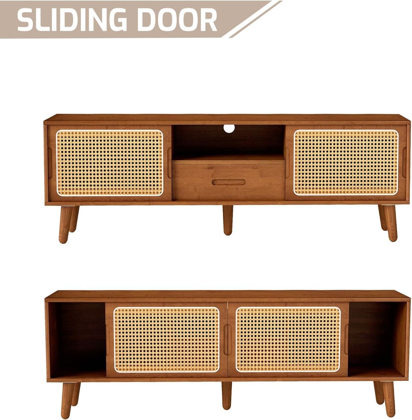 HollyHOME Bamboo TV Stand with Storage for TVs up to 65", Modern Entertainment Center with Rattan and Drawer, Accent TV Table with 2 Shelf, Media Console Cabinet for Living Room, Bedroom, Walnut