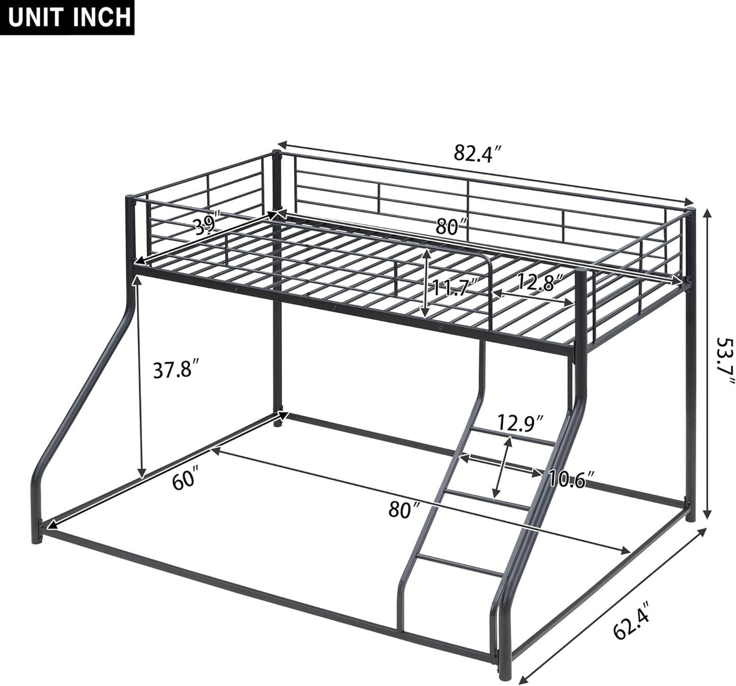 Twin XL Over Queen Metal Floor Bunk Bed with Sloping Stairs and Safety Guardrails for Bedroom,Guest Rooms, No Box Spring Needed, Simple to Assemble,Black