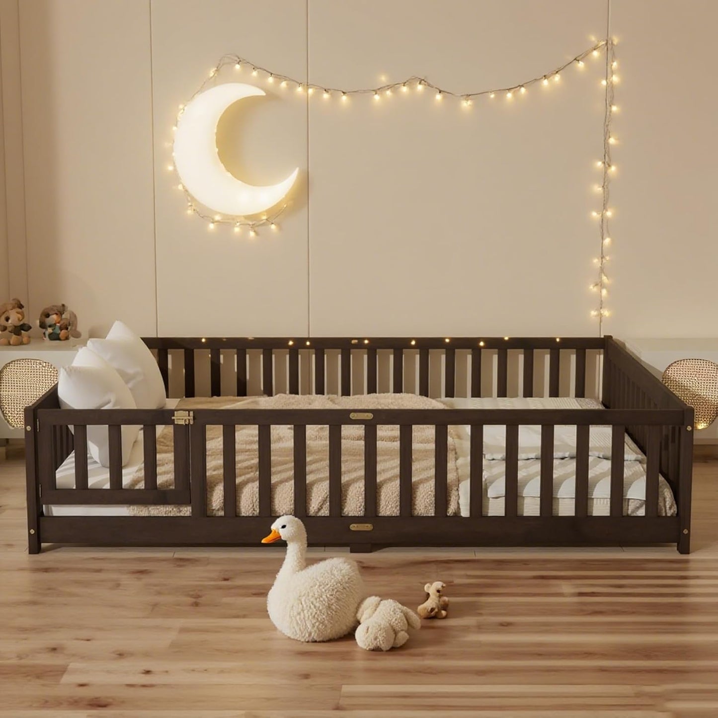 Queen Size Floor Bed Frame with Slats and Safety Guardrail, Wood Queen Size Montessori Floor Bed with Door and Fence, Easy Assemble Montessori Beds for Kids, Girls, Boys, Espresso