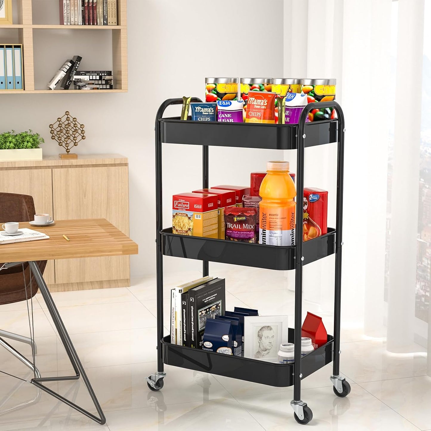 3-Tier Rolling Metal Storage Cart with Wheels, Multi-Functional Organizer for Office, Kitchen, Bathroom, Books Diapers - Easy Assembly (Black)