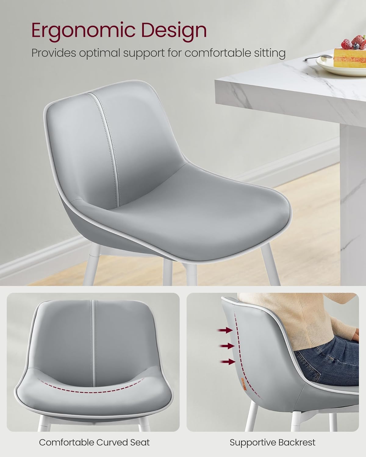 VASAGLE Bar Stools Set of 2, Counter Height Bar Stools with Back, Ergonomic Backrest, Synthetic Leather, Metal Legs, 24.4-Inch Tall Barstools for Kitchen Island Home Bar, Easy Assembly, Dove Gray