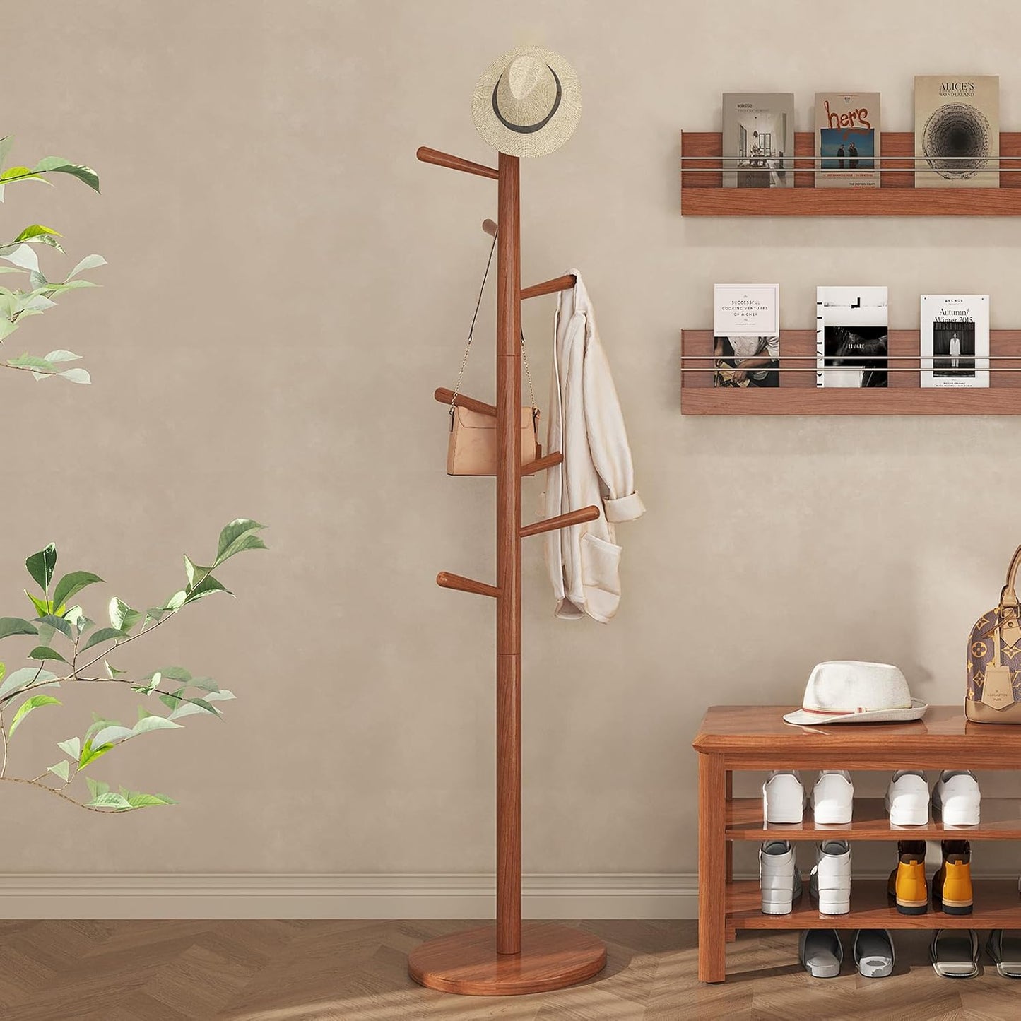 CozyDH Coat Rack Freestanding Solid Wood Coat Rack Stand, Coat Tree Freestanding with 8 Hooks Creative Tree Branch-look for Entryway, Hallway, Bedroom (Teak)