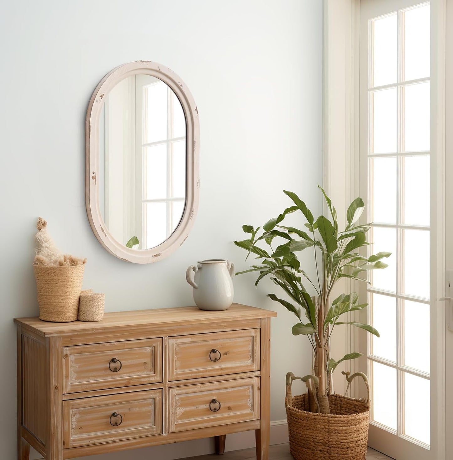 sawsile 20x30'' Rustic Oval Wood Mirror,Decorative Farmhouse Oval Mirrors,Vanity White Mirrors for Bedroom, Bathroom, Living Room,or Entryway