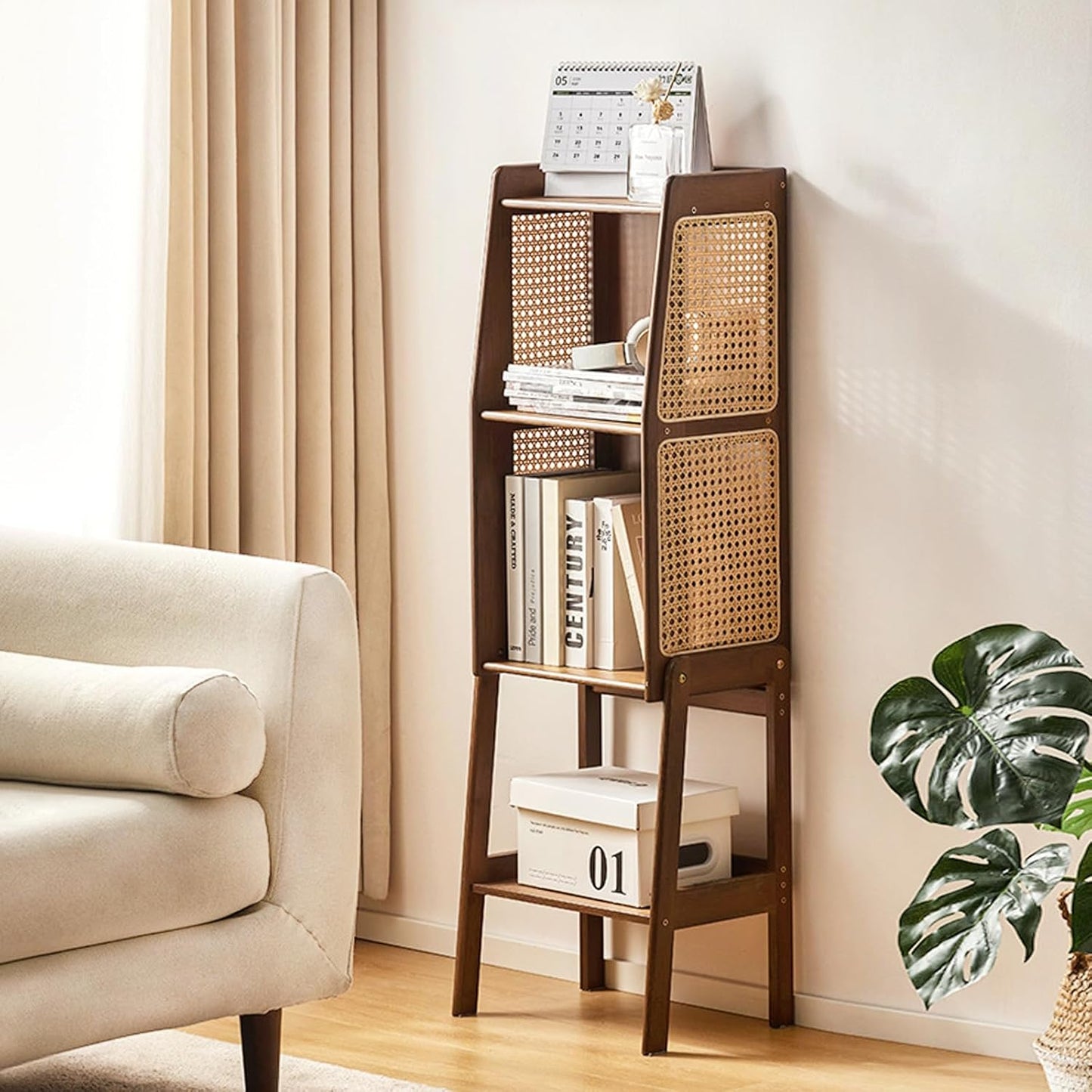 Welnow Bamboo Rattan Bookcase with Cabinet, 2-Tier Storage Shelf with Side Table & End Table Function, Large Modern Wood Organizer for Living Room or Bedroom, Walnut Bookshelf