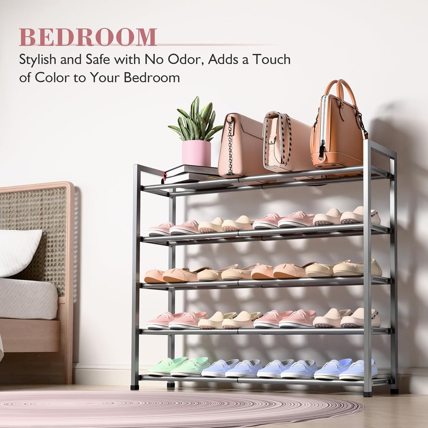 Bumusty 5-Tier Expandable Shoe Rack for Closet, 18“-33” Adjustable Shoe Rack for Small Space, Small Shoe Organizer for Front Door, Sturdy Metal (Grey)