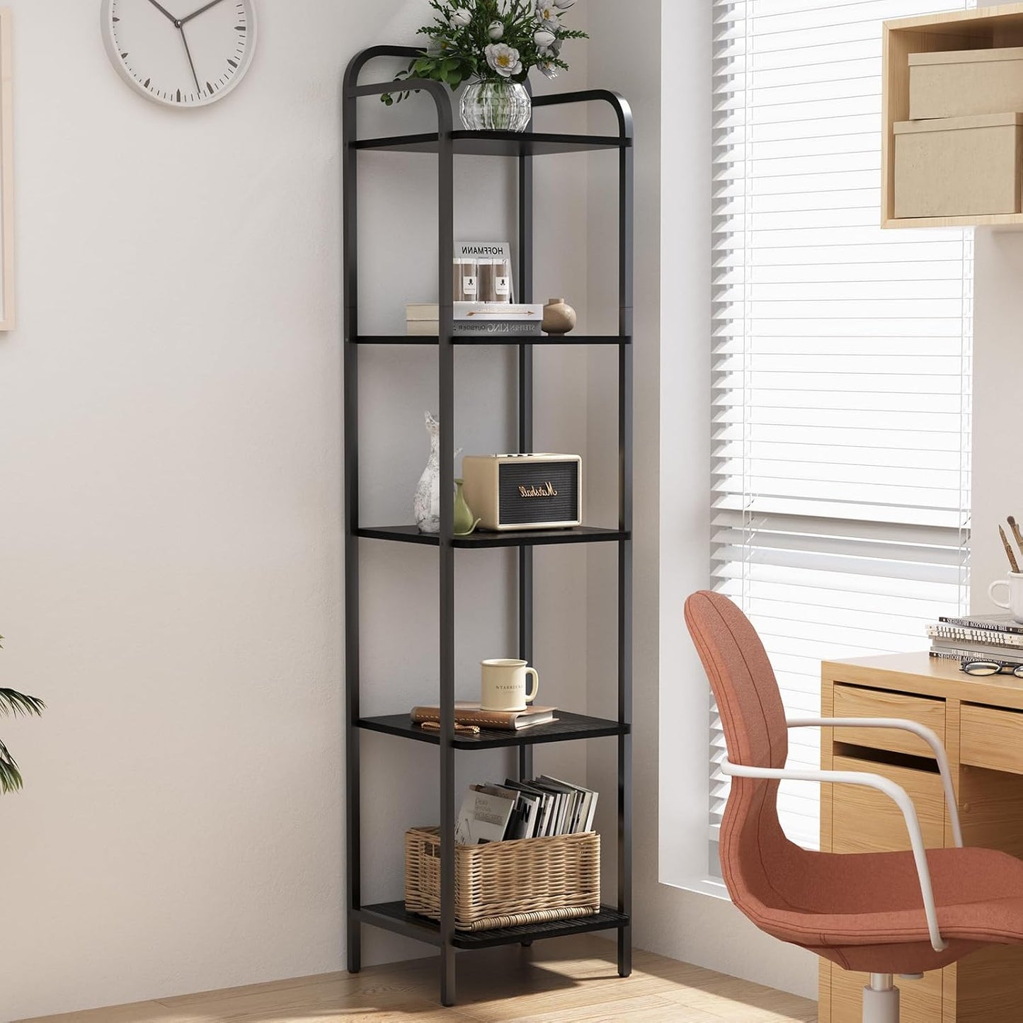 Book Shelf, 5 Tier Bookshelf, Bookcase with 5 Shelves, Storage Rack Organizer, Corner Wood Storage Shelf with Metal Frame for Bedroom, Living Room, Black