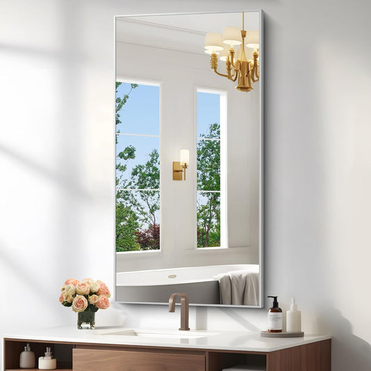 KOCUUY 24x48 Inch Large Silver Wall Mounted Mirror,Brushed Nickel Framed Rectangular Mirror for Wall Over Sink,Modern Design for Bedroom Living Room Bathroom,Functional Oversized Mirror