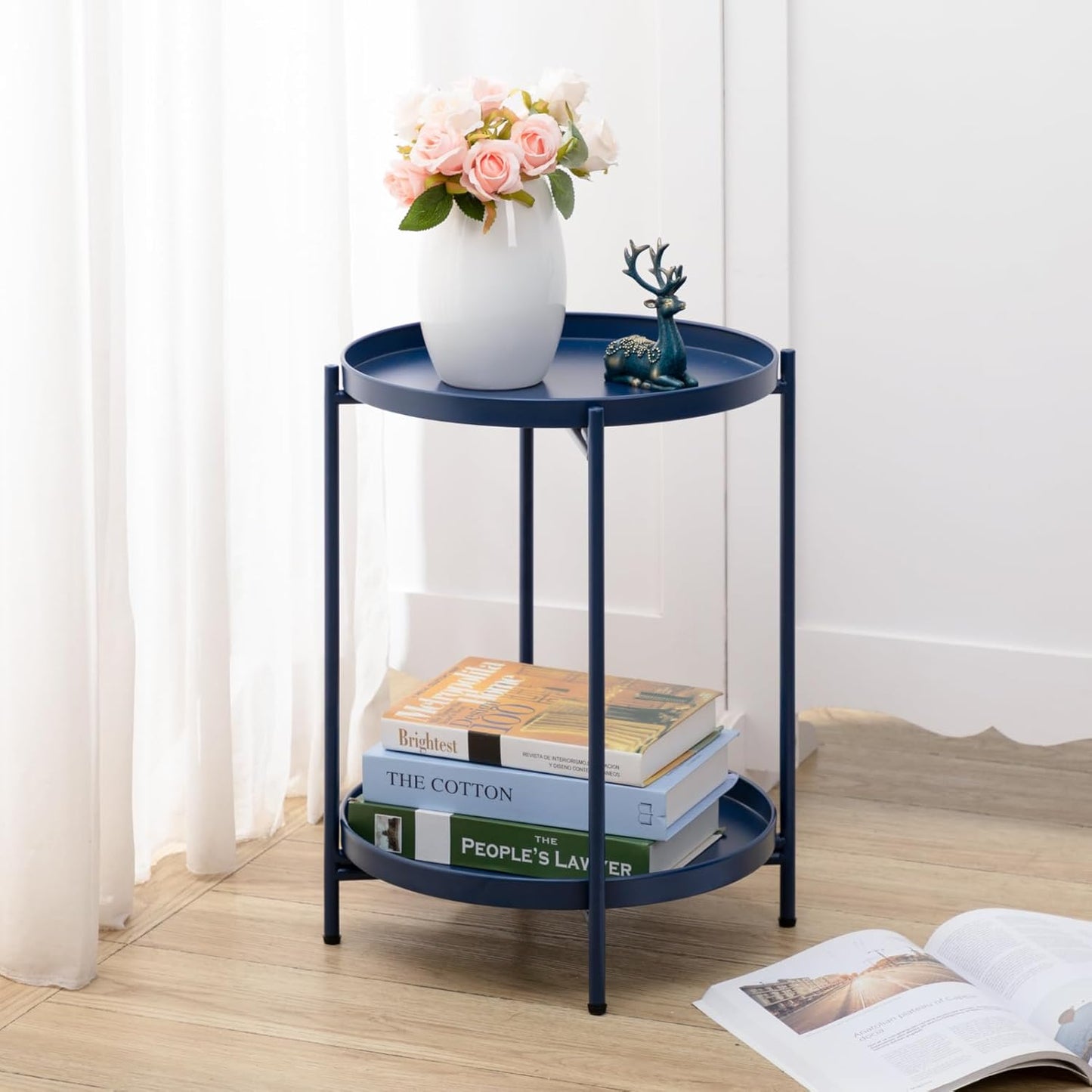 HollyHOME 2-Tier Round Side Table, Outdoor Small Folding Accent Stand with Removable Tray, Anti-Rust Metal Asional Table for Balcony Patio Living Room, Nightstand for Bedroom(Navy Blue)