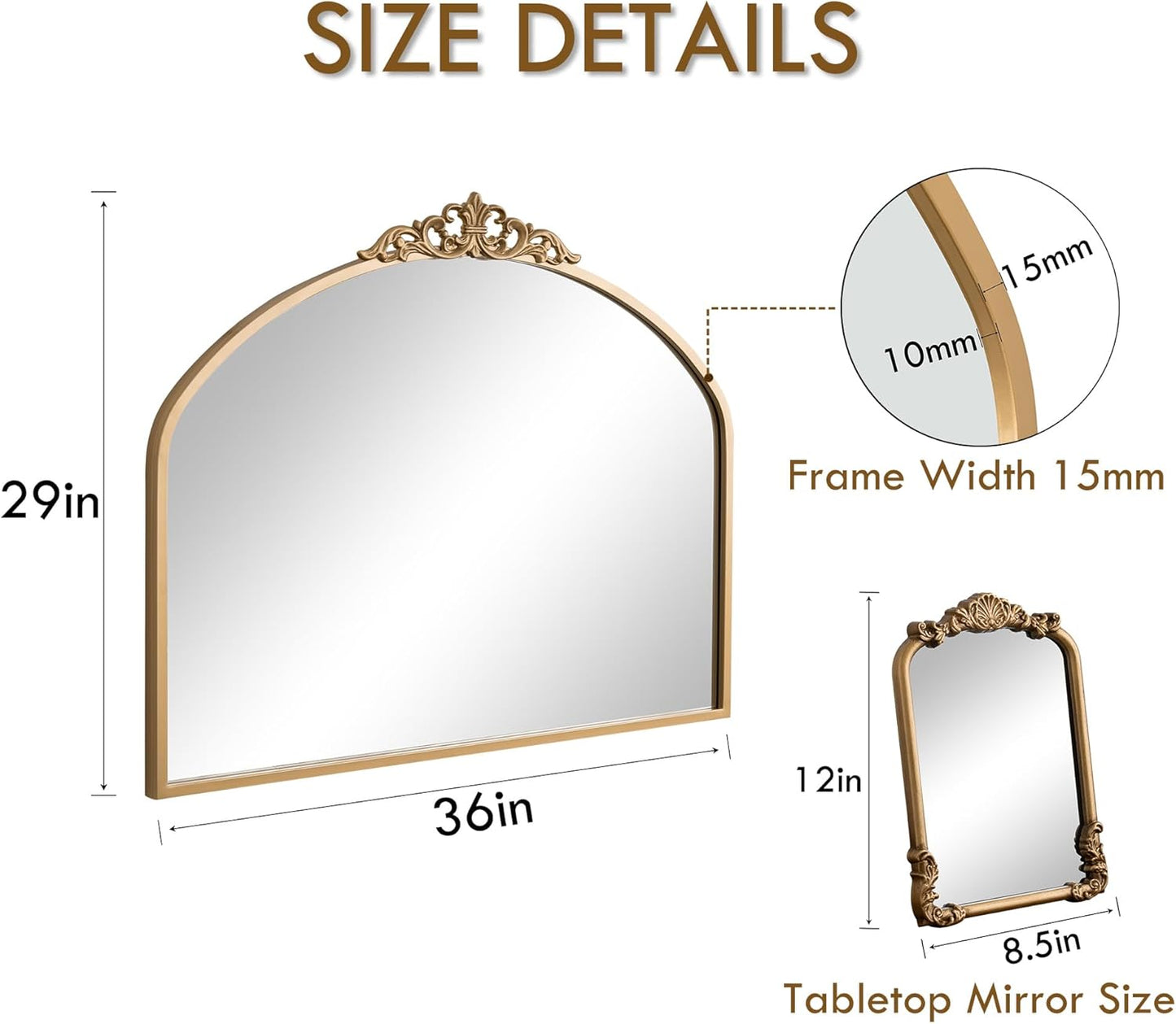 1 Set Vintage Mirror 36x29 Gold Antique Baroque Arched Ornate Traditional Brass Mirror and 8.5x12 Vintage Vanity Makeup Desk Table Mirror for Bathroom Entryway Living Room Hallway Fireplace