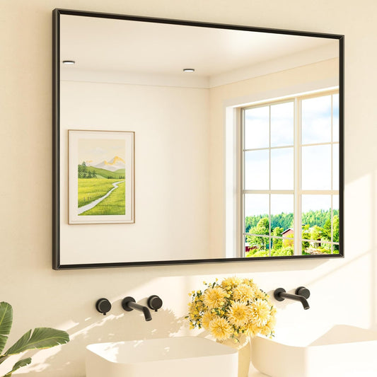 TETOTE Black Bathroom Mirror for Over Sink 48" x 36" Large Matte Black Beveled Metal Framed Rectangular Vanity Mirror for Bathroom, Bedroom, Entryway, Living Room, Tempered Glass, Shatterproof