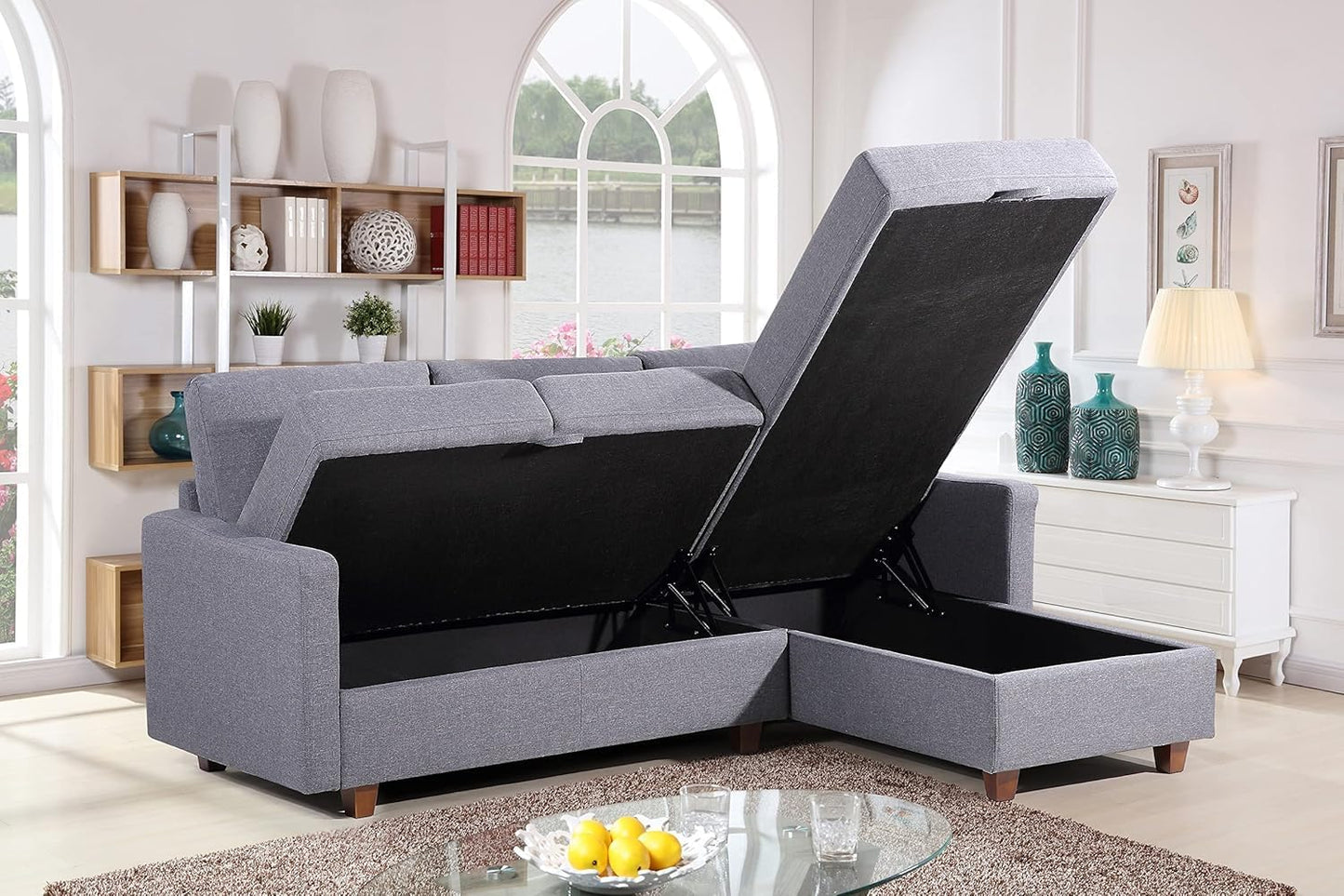 Container Furniture Direct Sectional Sofa with Storage – Modern Upholstered Living Room Couch, Reversible Chaise for Home, Apartment, Office, 81.9” L, Dark Grey