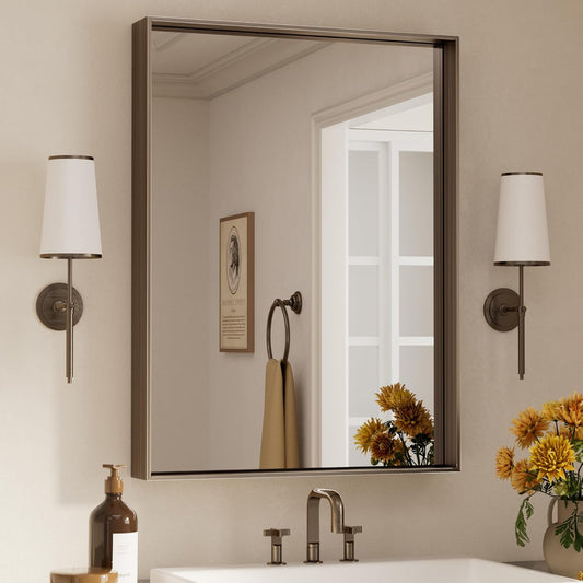 Keonjinn 24 x 32 Inch Brushed Bronze Mirror, Rectangle Bathroom Vanity Mirror for Wall, Aluminum Alloy Framed, Modern Farmhouse, Rectangular Square Corner, Decorative(Horizontal/Vertical)