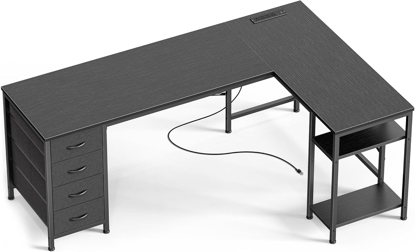 Huuger 63 Inch L Shaped Desk with Fabric Drawers, Reversible Computer Gaming Desk with Power Outlets and USB-C Port, Adjustable Side Storage Shelves, for Work Study Corner Home Office, Black