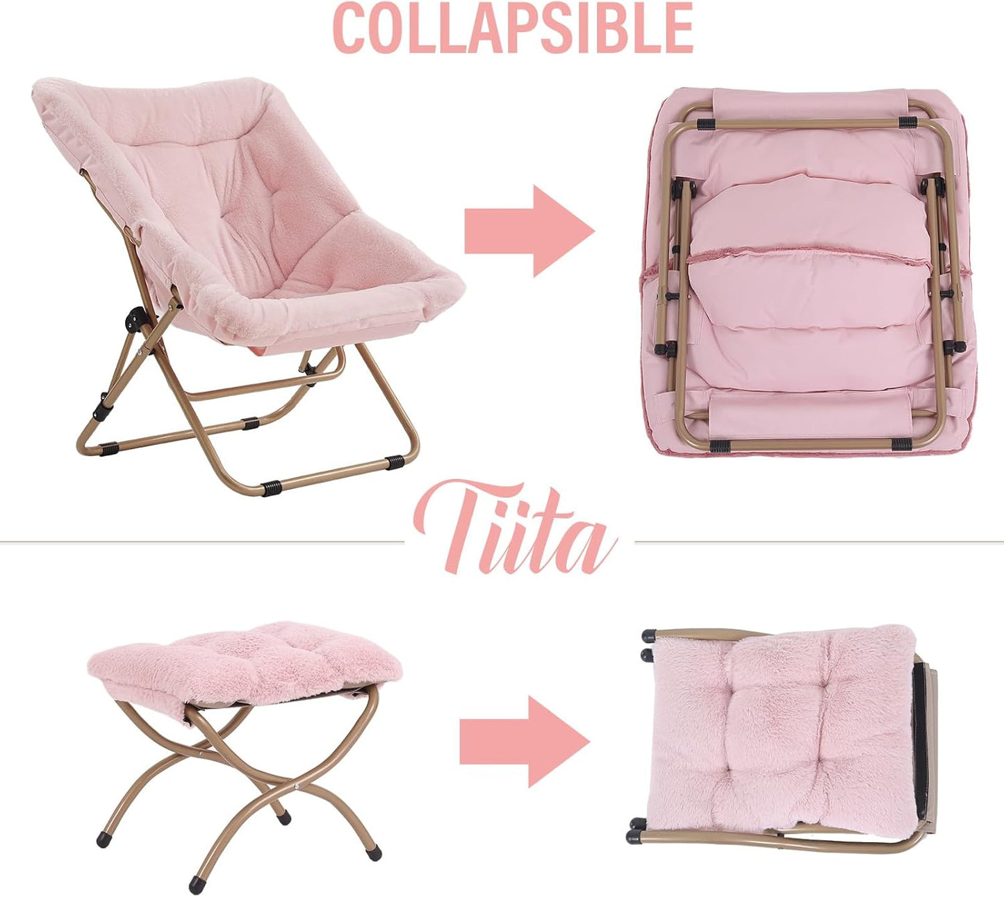 Tiita Folded Chair with Ottoman, Soft Faux Fur Oversized Folding Accent Chair,Lounge Lazy Chair, Metal Frame Moon Chair for Bedroom, Living Room, Dorm Rooms, Garden and Courtyard