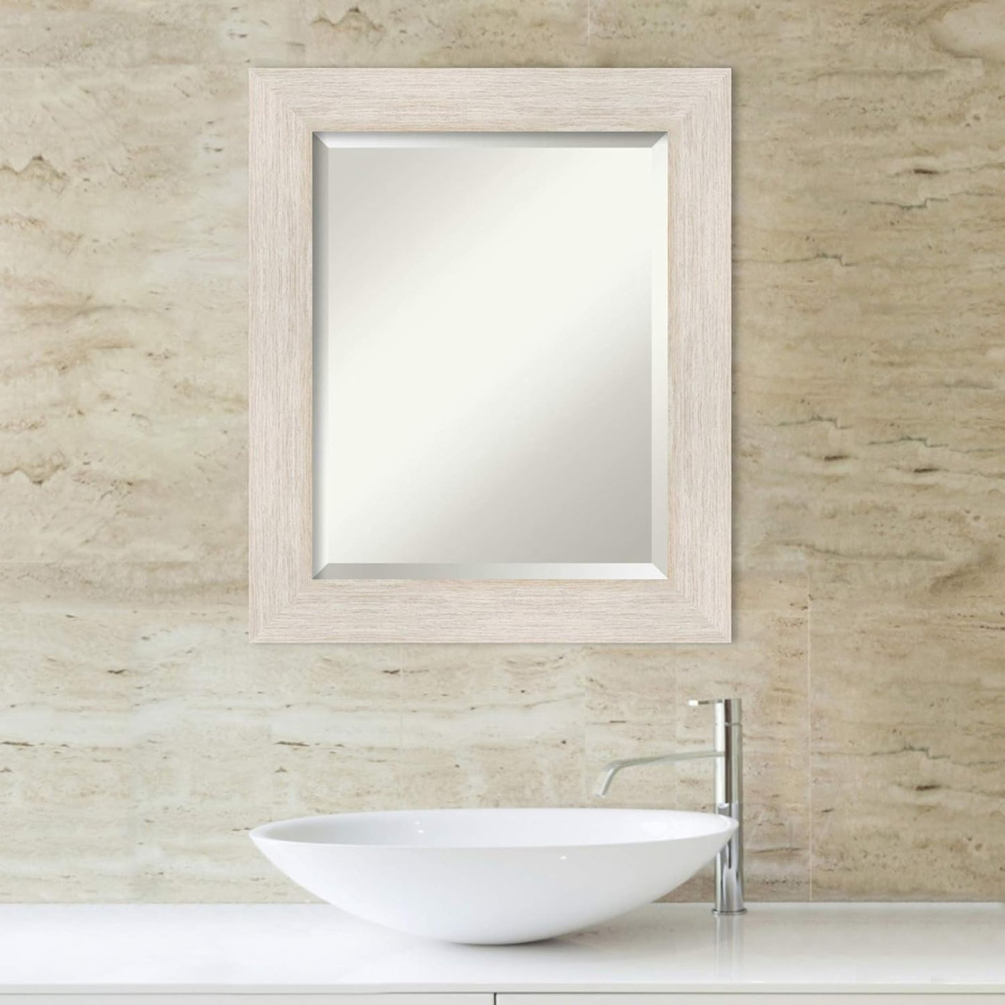 Amanti Art White Bathroom Mirror for Over Sink, 25x21 Hardwood White Wash Rectangle Vanity Mirror, Small Rustic Farmhouse Wood Frame, Hangs Horizonally and Vertically, Bathroom Wall Decor, Beveled