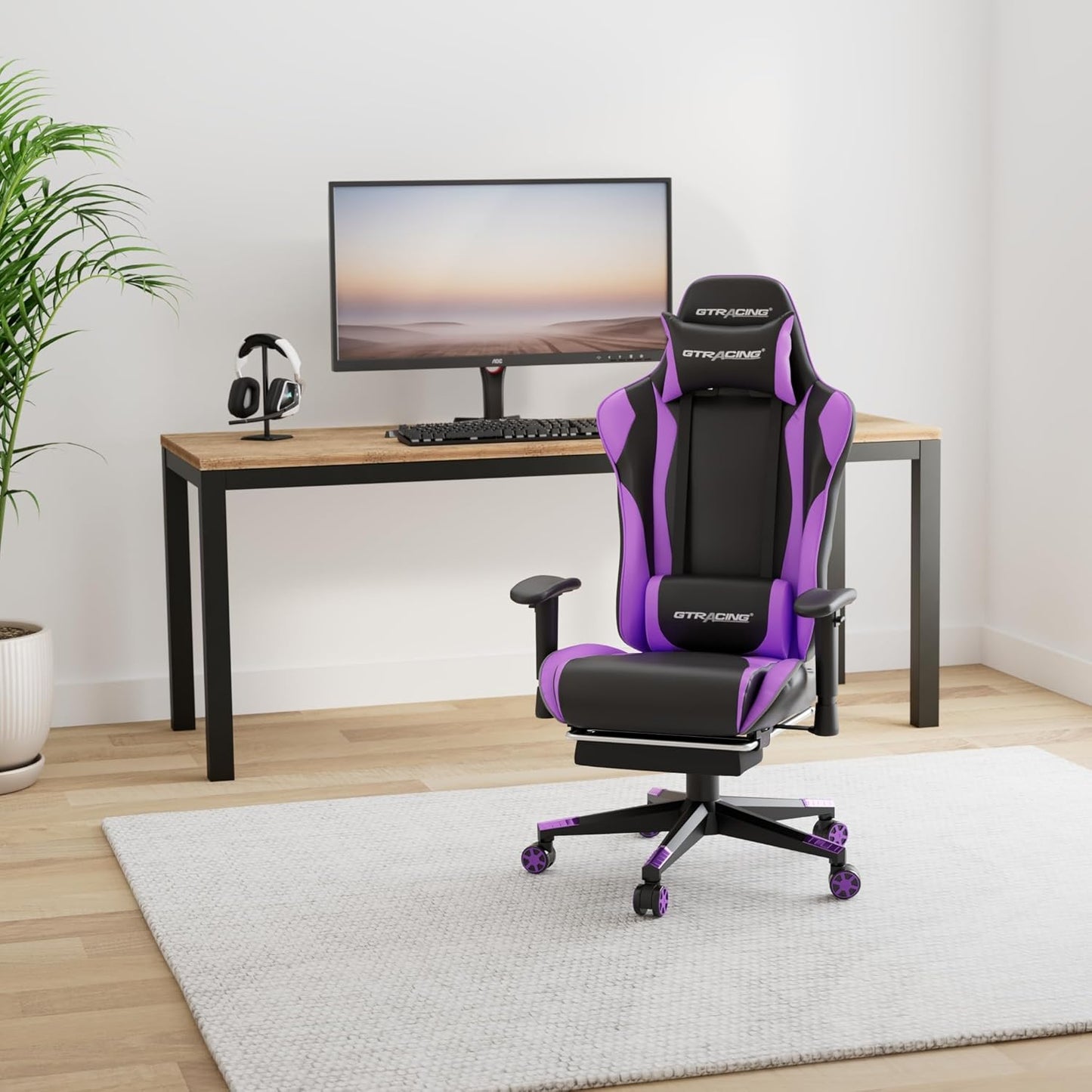 GTRACING Gaming Chair with Footrest, Ergonomic Computer Game Desk Chair, Reclining Gamer Chair Seat Height Adjustment, Swivel Rocker with Headrest and Lumbar, Purple