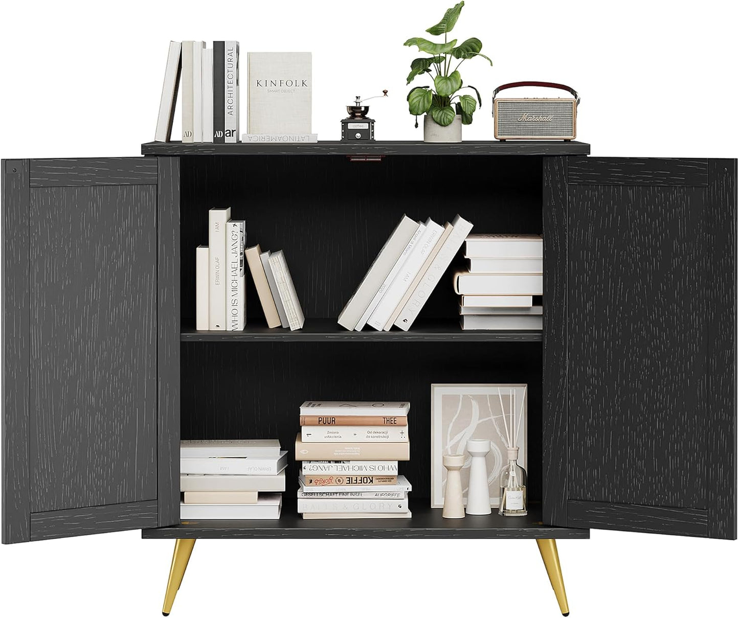 Shintenchi Rattan Buffet Cabinet with Storage, Sideboard Buffet Cabinet with Rattan Decor Doors, Modern Wood Cupboard for Kitchen Living Room Dining Room Hallway Entry,Black