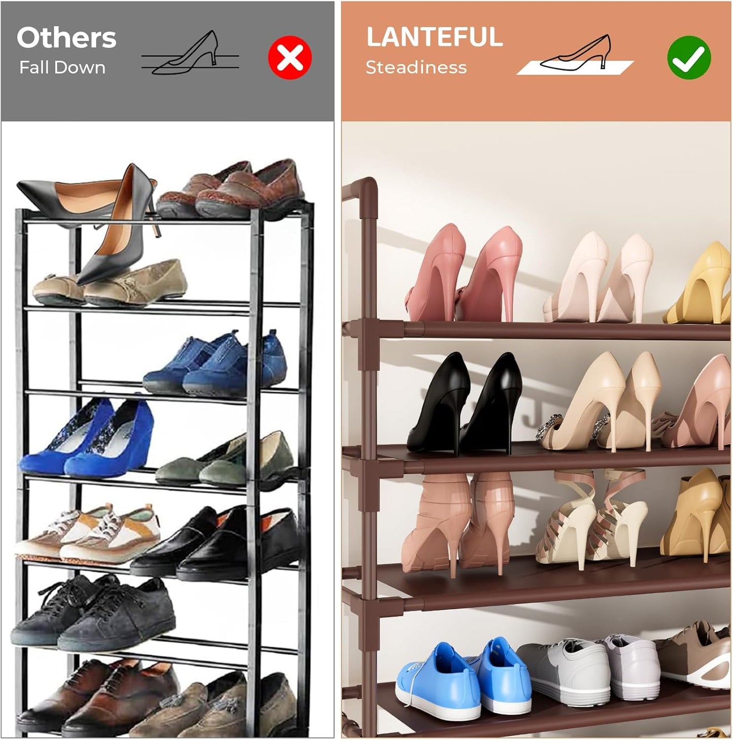 11 Tiers Tall Shoe Rack Holds 55 Pairs of Shoes with 18pcs Hooks Sturdy Wide Shoe Organizer Storage Free Standing Metal Shoe Shelf for Closet, Entryway Brown