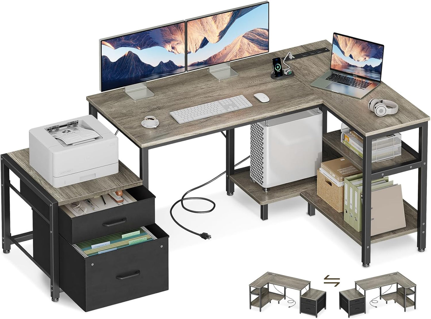 Casaottima L Shaped Desk with Drawers & File Cabinet, Computer Desk with Storage Shelves & CPU Stand, Corner Desk with Power Outlets, Reversible L Desk for Home Office, Grey