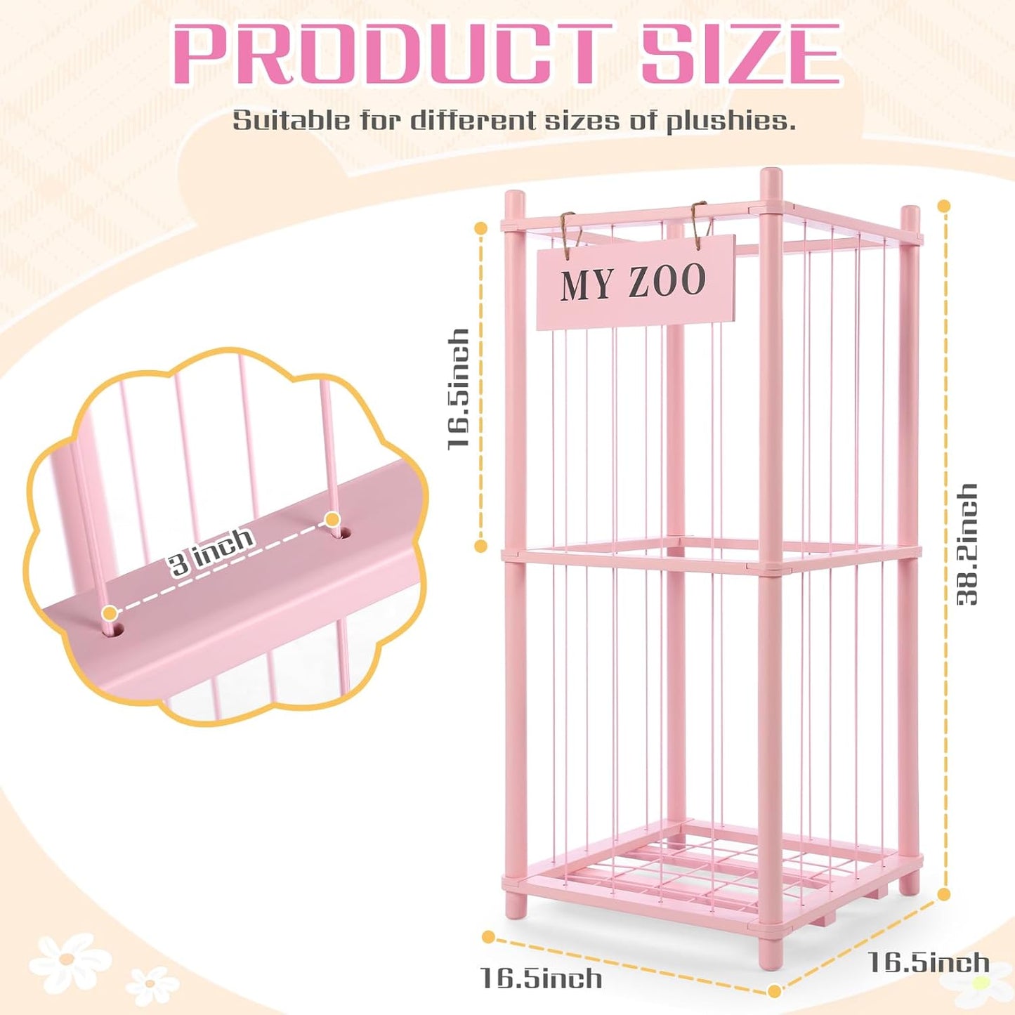 Stuffed Animal Storage Zoo, Wooden Stuffed Animal Organizer with Elastic Cords for Boys Girls, Space Saving Toy Plushies Storage Holder for Playroom, Bedroom, Living Room (Pink, Small)