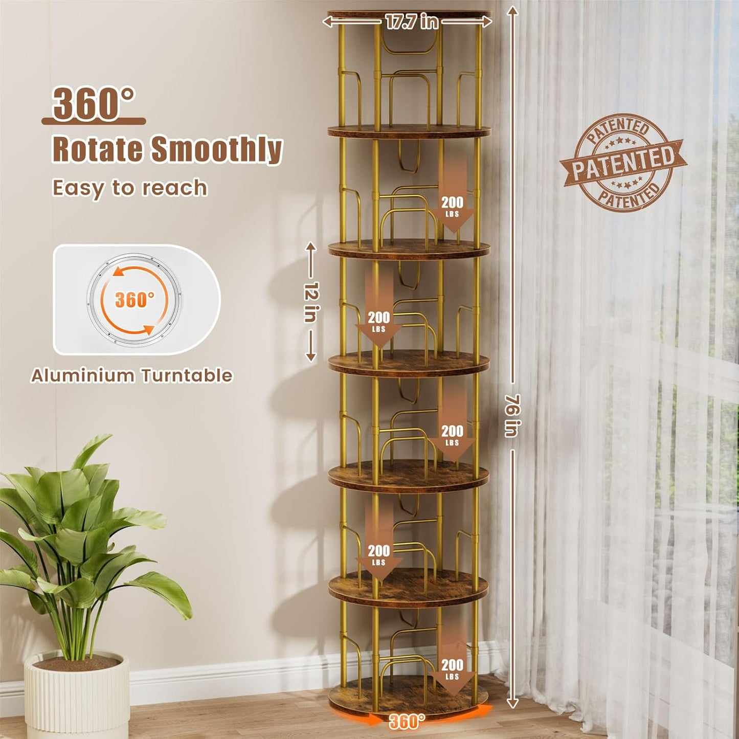 6 Tier Rotating Bookshelf, 360 ° Display Stackable Spinning Bookshelf Tower, Corner Bookshelf Tall Floor Standing Swivel Bookcase Narrow Storage Organizer for Bedroom, Living Room, Gold