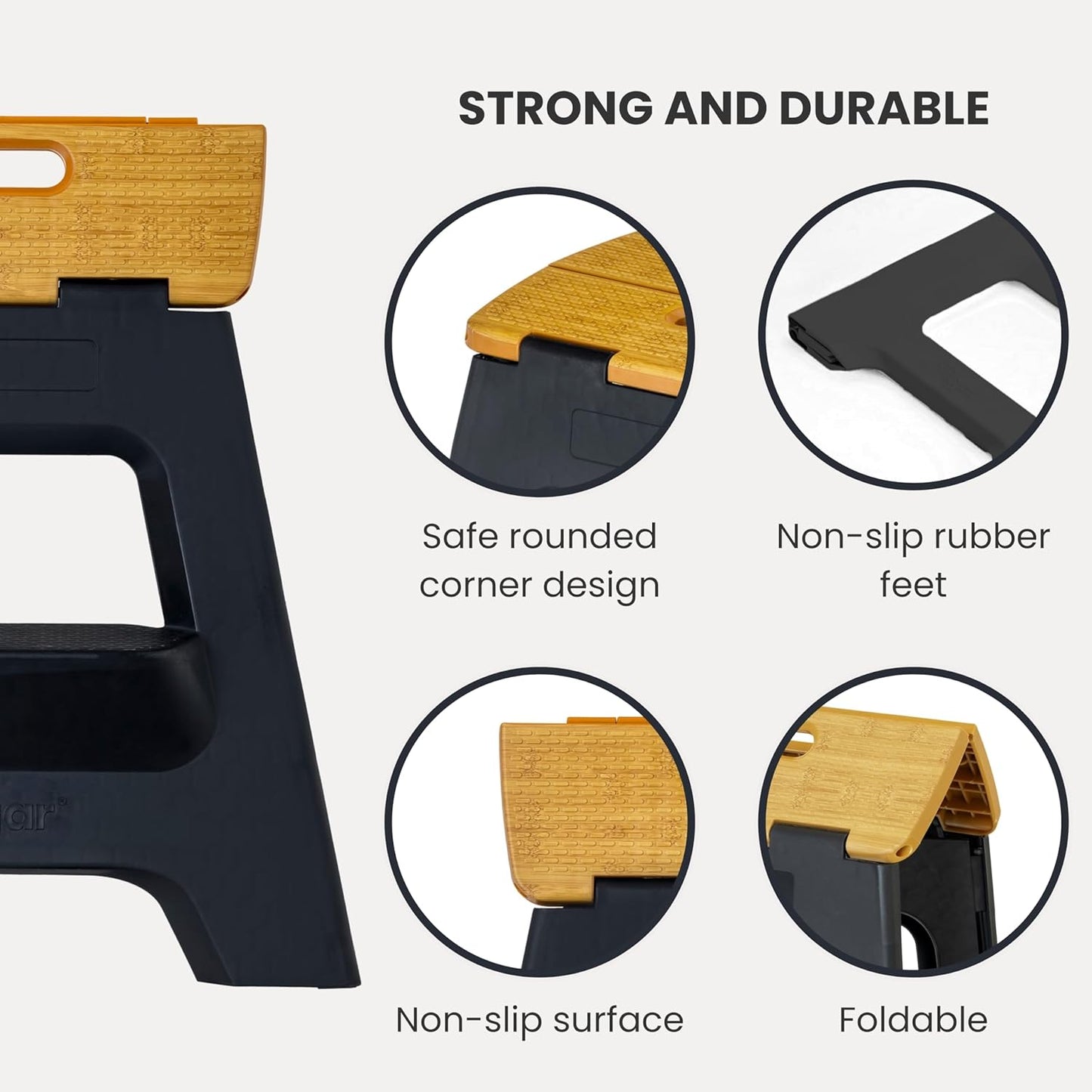 Vigar Compact Step Stool Foldable, 16-inch Two-Step Stools for Adults up to 330 Pound, Lightweight Stool, Non-Slip Folding Step Stool, Black, Bamboo Print on Top