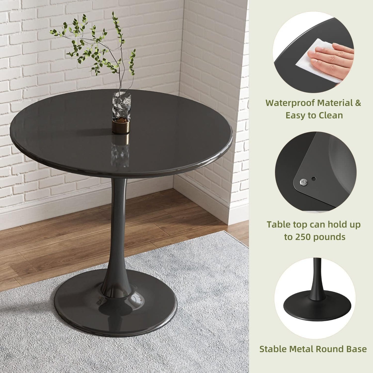 24 inch Black Round Table Modern Dining Table Tulip Round Kitchen Table Mid Century Coffee Table for Living Room