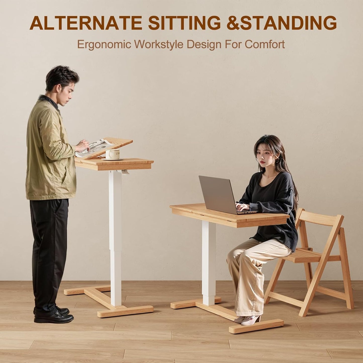 Solid Wood Overbed Bedside Table with Wheels, Adjustable Medical Tilt Top Hospital Bed Table Over The Bed, Rolling Laptop Desk, Mobile Standing Desk for Hospital and Home Use (Natural)