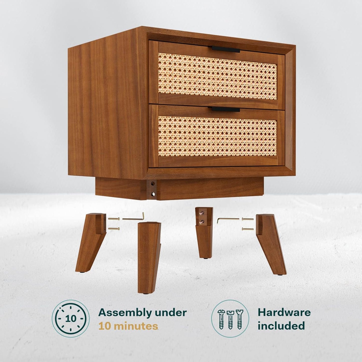 Bme Jasper Deluxe Solid Wood Rattan Nightstand Fully Assembled - Mid Century Modern Side Table with 2 Drawers - Multipurpose use for Living Room, Bedroom - Dark Chocolate