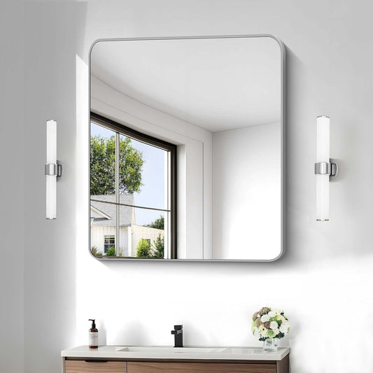 Silver Bathroom Mirror, 30 x 36 Inch Metal Framed Silver Rectangle Mirror, Rounded Corner Rectangular Vanity Mirror, Wall Mounted Mirror for Living Room Bedroom Entryway Horizontal/Vertical