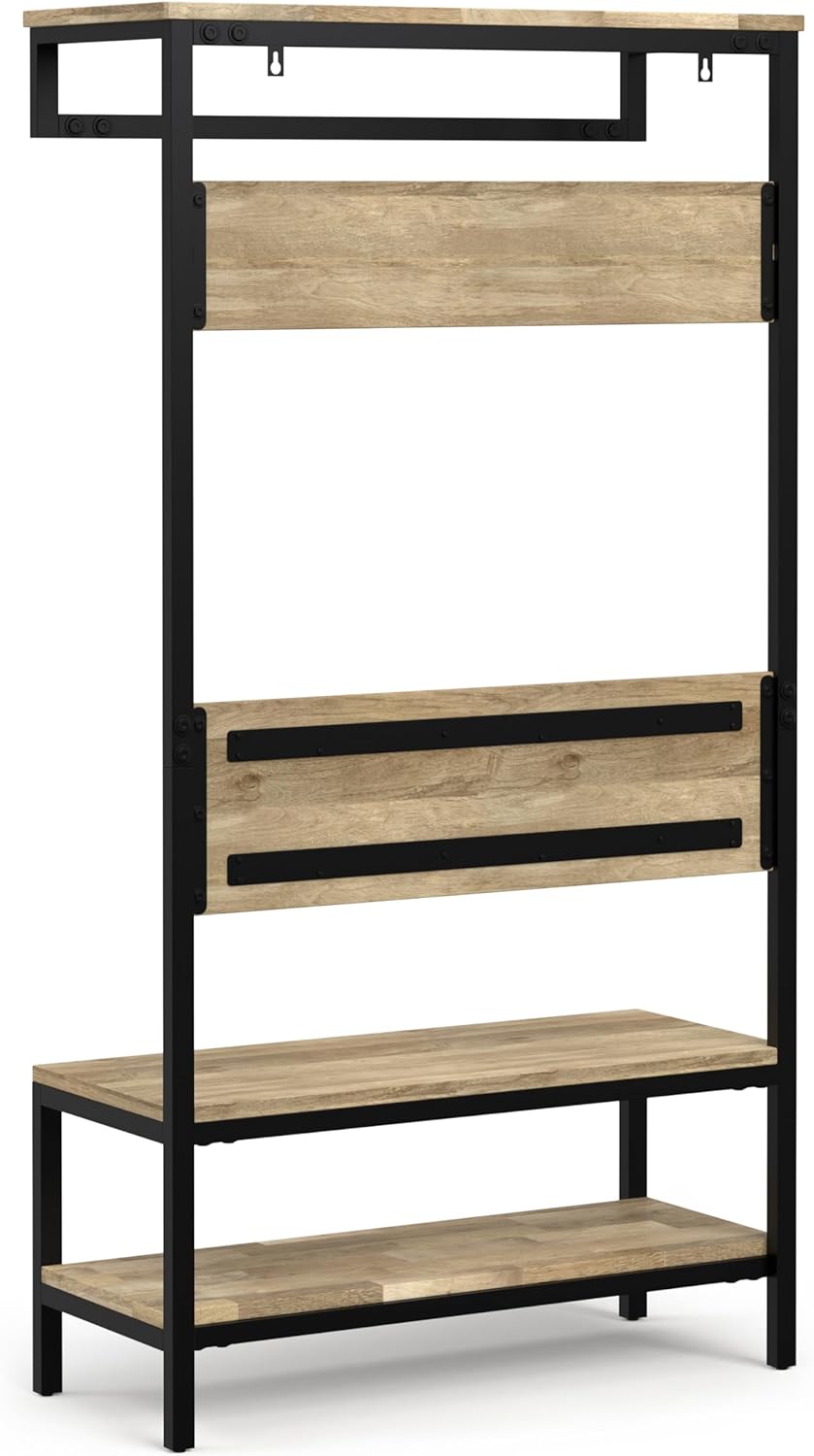 SIMPLIHOME Westmont Hall Tree Bench - 40 inch Wide Solid Mango Wood Entryway Seat in Natural, Industrial Bench for Entryway or Hallway with Metal Frame, Coat Hooks and Open Shelf