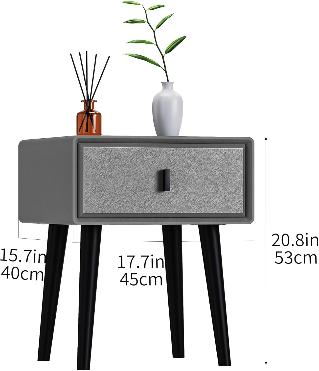 VICITON Modern Faux Leather Nightstand, Solid Wood Drawer, with 4 Wood Legs, Small Side End Table for Bedroom (Light Gray)