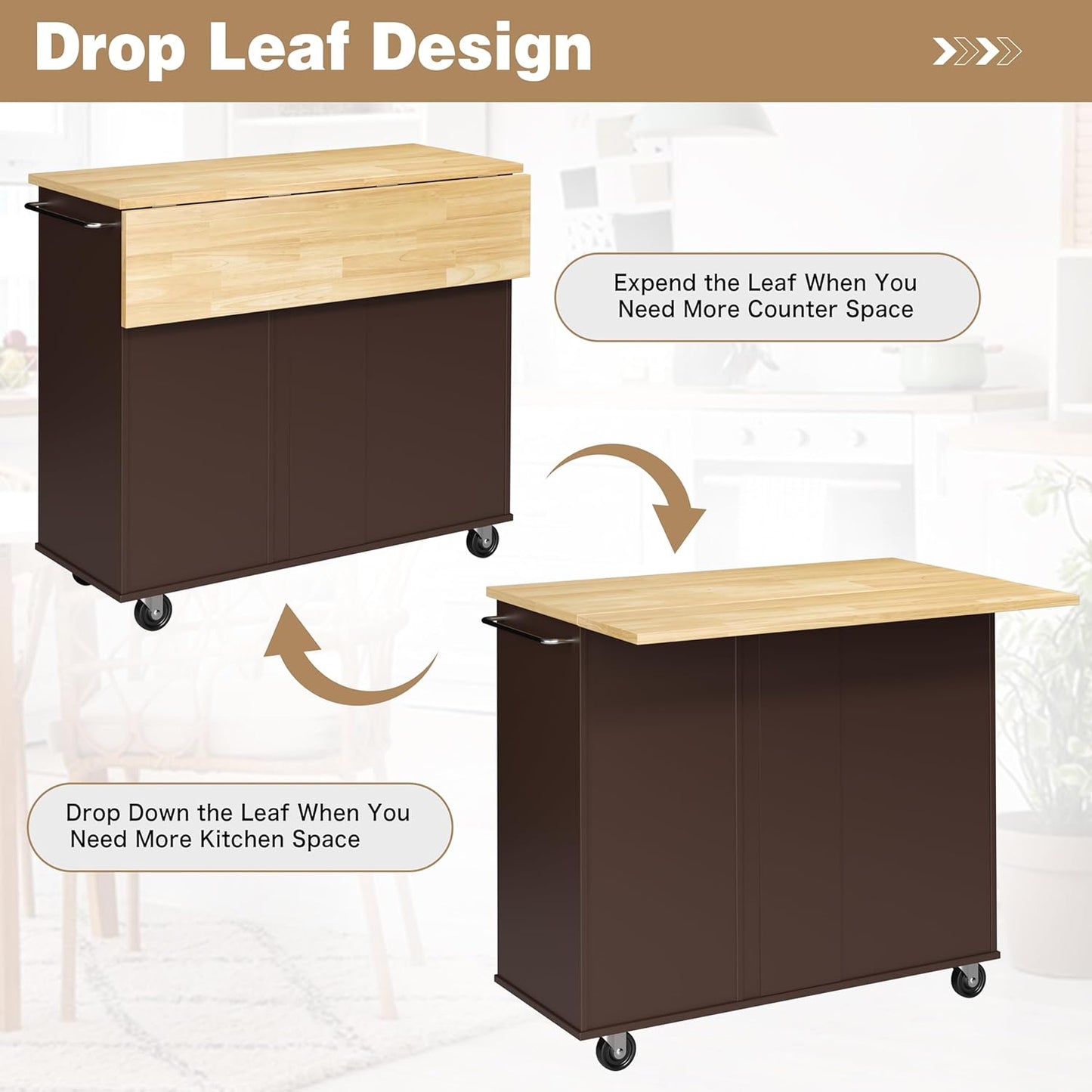 Shintenchi Kitchen Island with Folding Drop Leaf, Rolling Island Table with Storage, Kitchen Cabinet on Wheels with Seating Area for Kitchen, Bar Cart with Cabinet, Brown