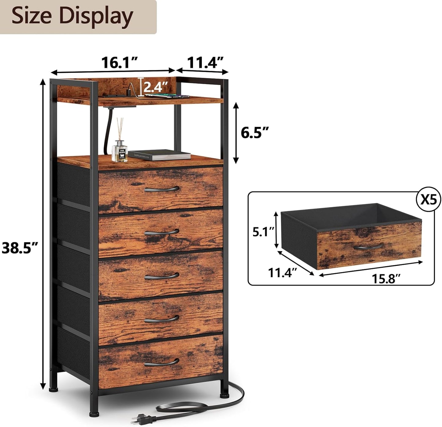 Furnulem 5 Drawer Dresser for Bedroom, Tall Nightstand with Led Light and Charging Station, Small Night Stand Bedside Table, Fabric Bins, Metal Frame, Wood Shelf, Side Furniture(Rustic Brown)
