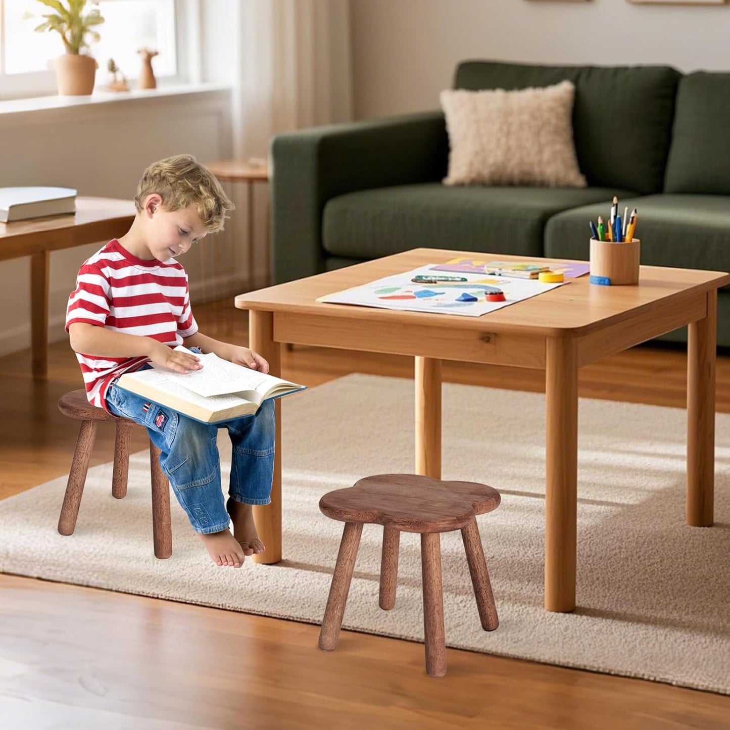 Wooden Step Stool for Adults Upgraded11.6inch Small Wooden Stool with Four Detachable and Assembled Legs for Bathroom, Kitchen, Bedroom, Plant Stand (Natural Solid Wood top and Legs)